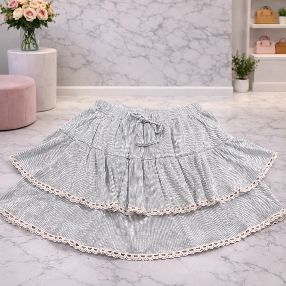 White Birch Light Silver Tiered Skort with Lace Trim Size S M L XL